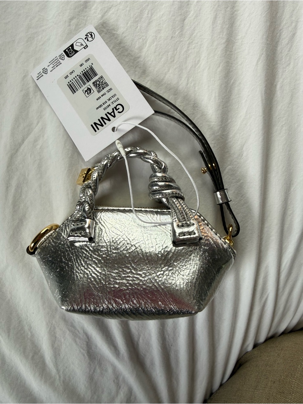 Ganni Metallic Silver Mini Braided-Handle Bag - Picture 2 of 3